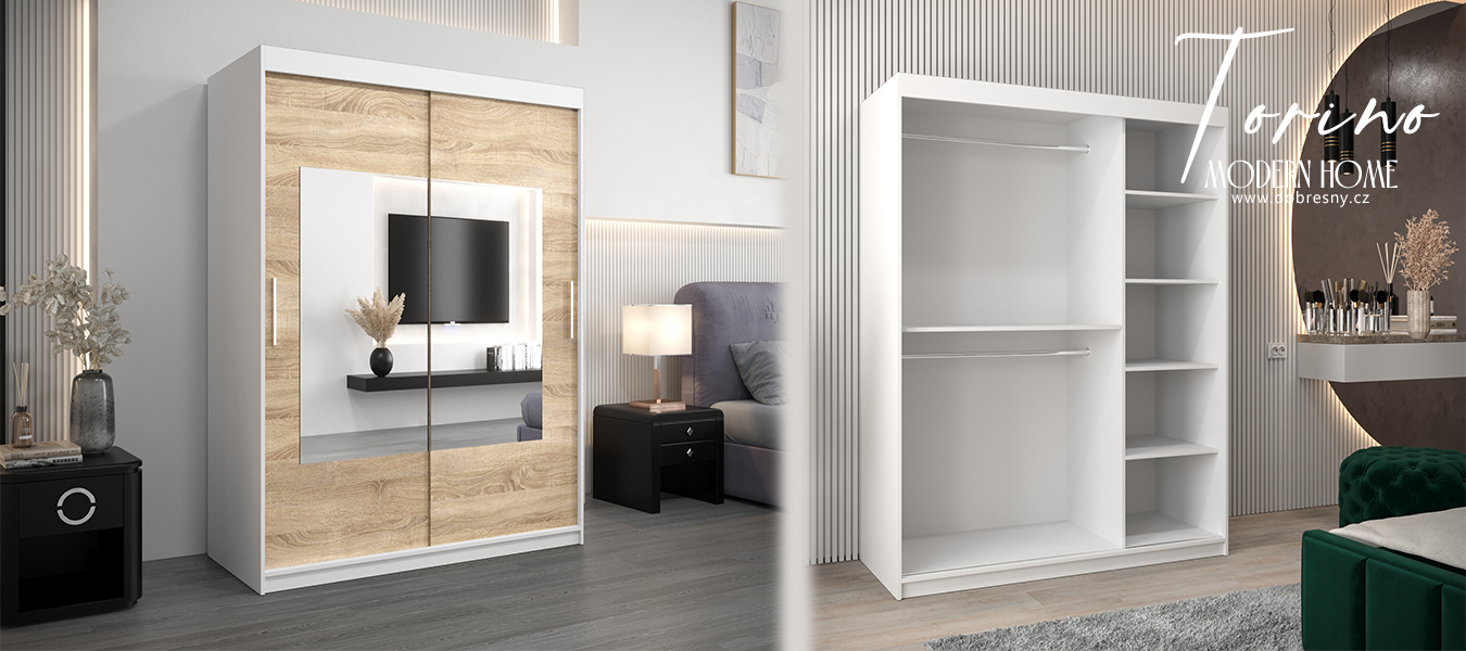 Šatní skřín s posuvnými dveřmi a zrcadlem TORINO 150cm bílá / sonoma
