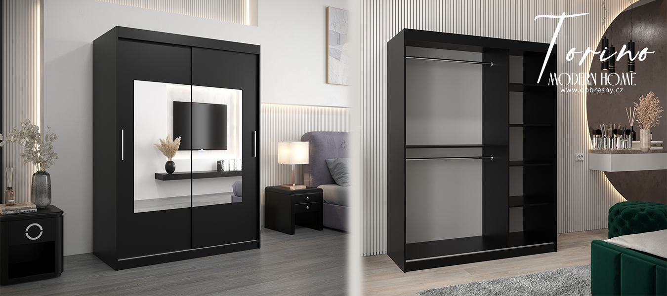 Šatní skřín s posuvnými dveřmi a zrcadlem TORINO 150cm černá