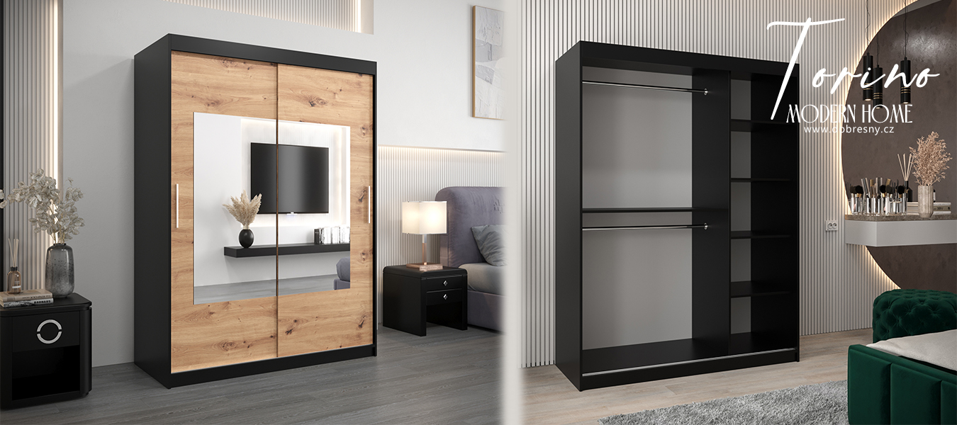 Šatní skřín s posuvnými dveřmi a zrcadlem TORINO 150cm černá / artisan