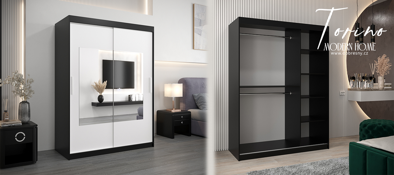 Šatní skřín s posuvnými dveřmi a zrcadlem TORINO 150cm černá / bílá