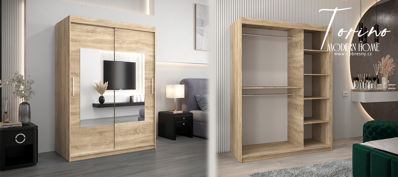 Šatní skřín s posuvnými dveřmi a zrcadlem TORINO 150cm sonoma