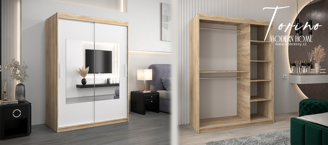 Šatní skřín s posuvnými dveřmi a zrcadlem TORINO 150cm sonoma / bílá