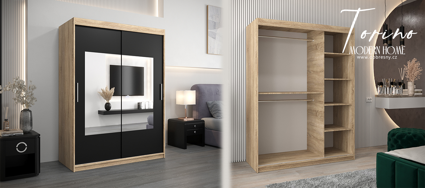 Šatní skřín s posuvnými dveřmi a zrcadlem TORINO 150cm sonoma / černá