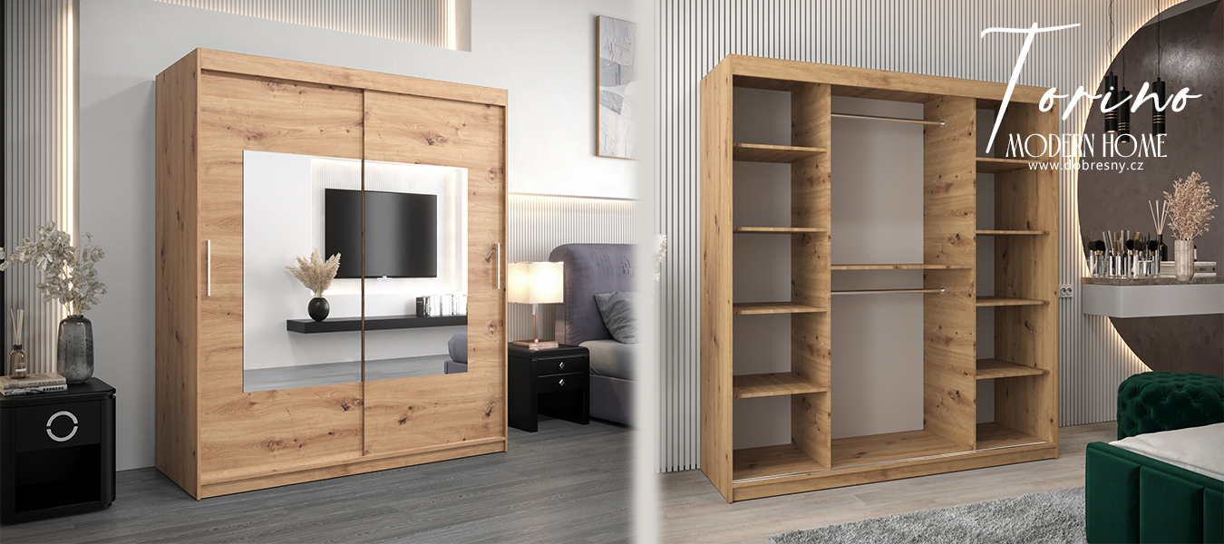 Šatní skřín s posuvnými dveřmi a zrcadlem TORINO 180cm artisan
