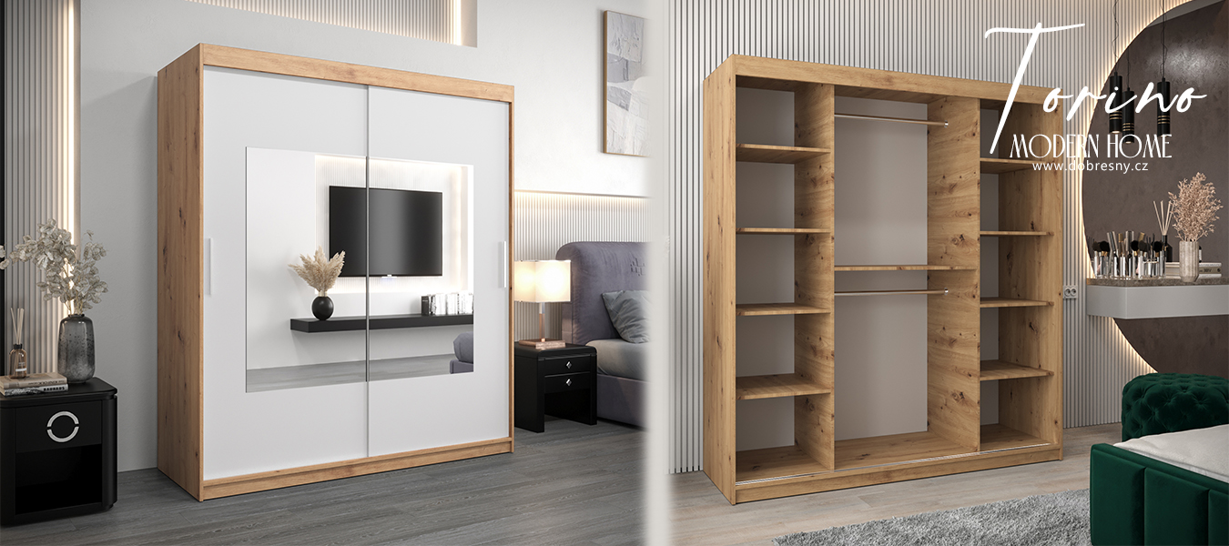 Šatní skřín s posuvnými dveřmi a zrcadlem TORINO 180cm artisan / bílá