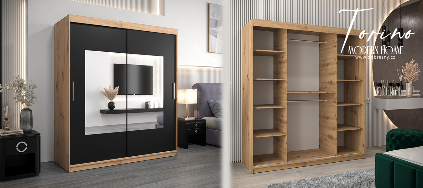Šatní skřín s posuvnými dveřmi a zrcadlem TORINO 180cm artisan / černá