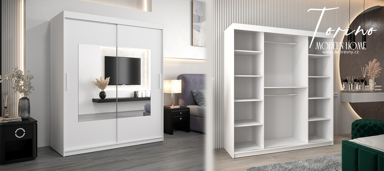 Šatní skřín s posuvnými dveřmi a zrcadlem TORINO 180cm bílá