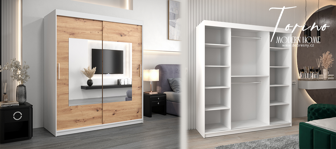 Šatní skřín s posuvnými dveřmi a zrcadlem TORINO 180cm bílá / artisan