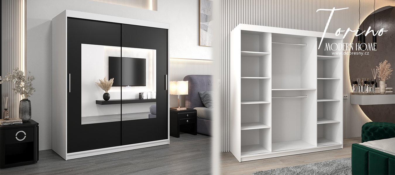 Šatní skřín s posuvnými dveřmi a zrcadlem TORINO 180cm bílá / černá