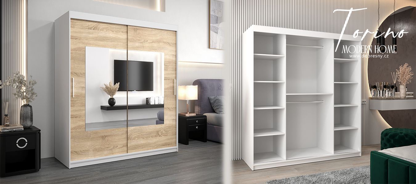 Šatní skřín s posuvnými dveřmi a zrcadlem TORINO 180cm bílá / sonoma