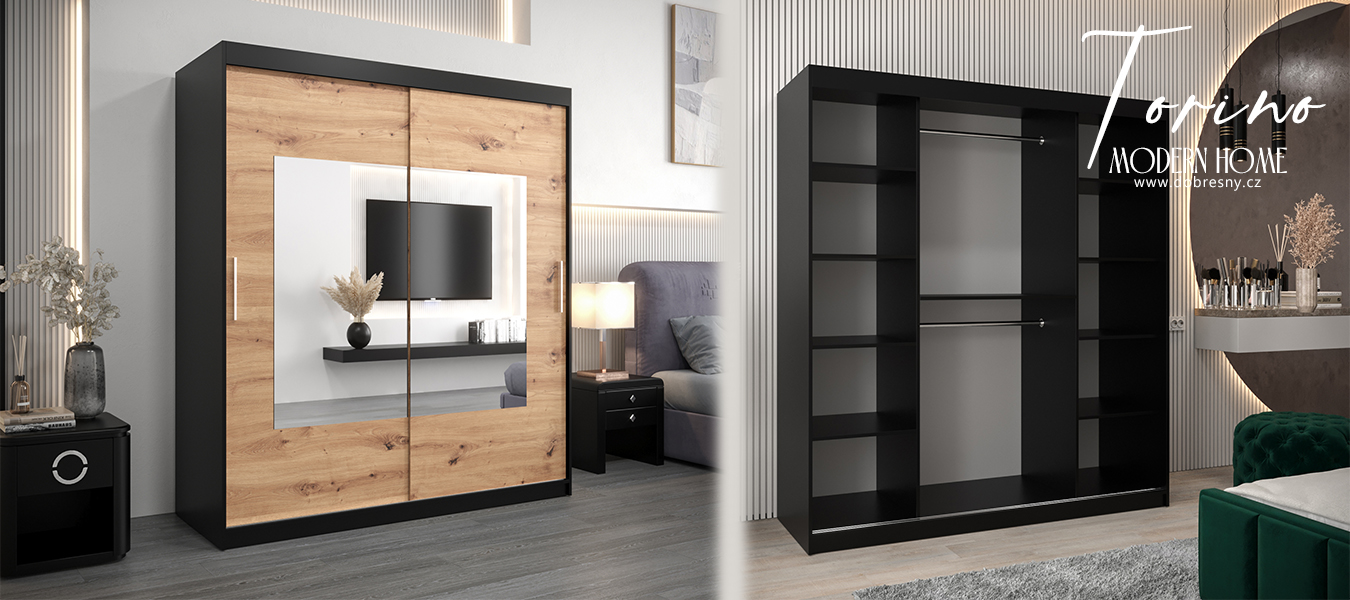 Šatní skřín s posuvnými dveřmi a zrcadlem TORINO 180cm černá / artisan