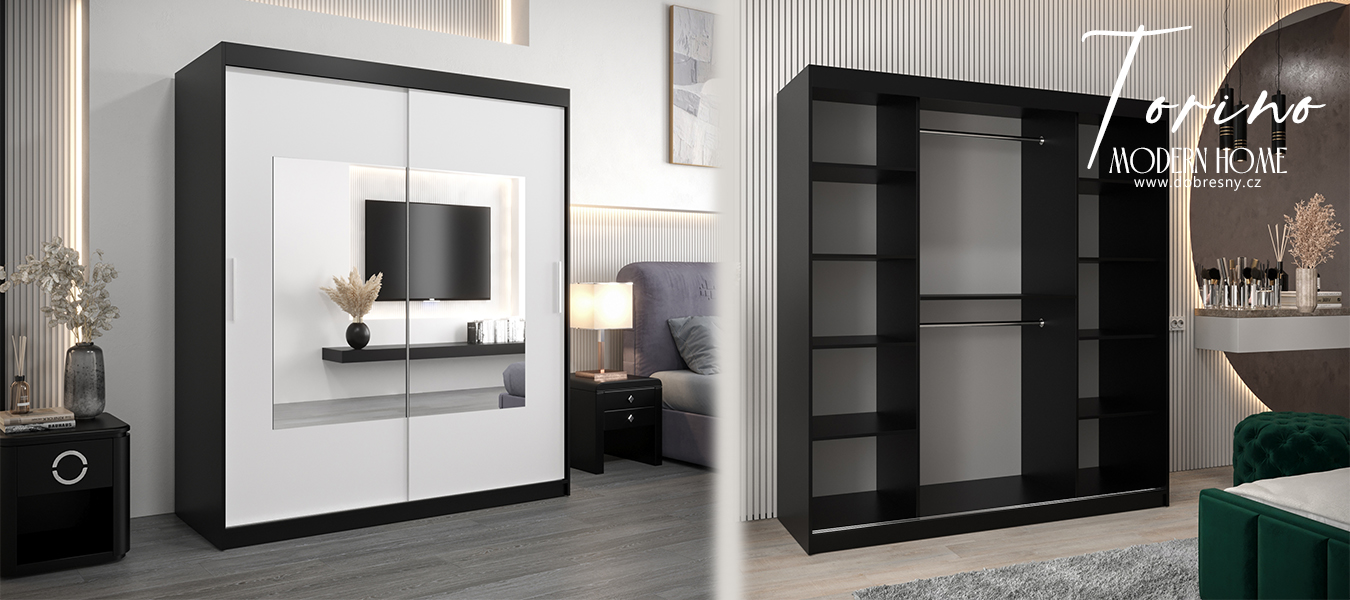 Šatní skřín s posuvnými dveřmi a zrcadlem TORINO 180cm černá / bílá