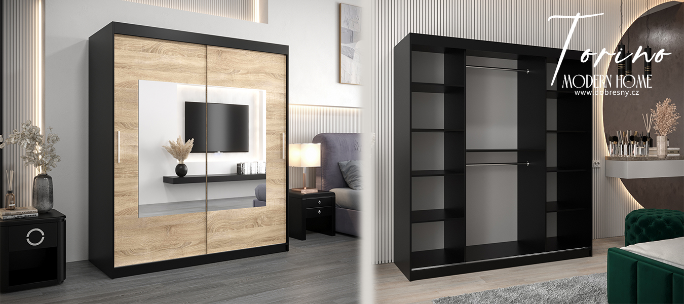 Šatní skřín s posuvnými dveřmi a zrcadlem TORINO 180cm černá / sonoma