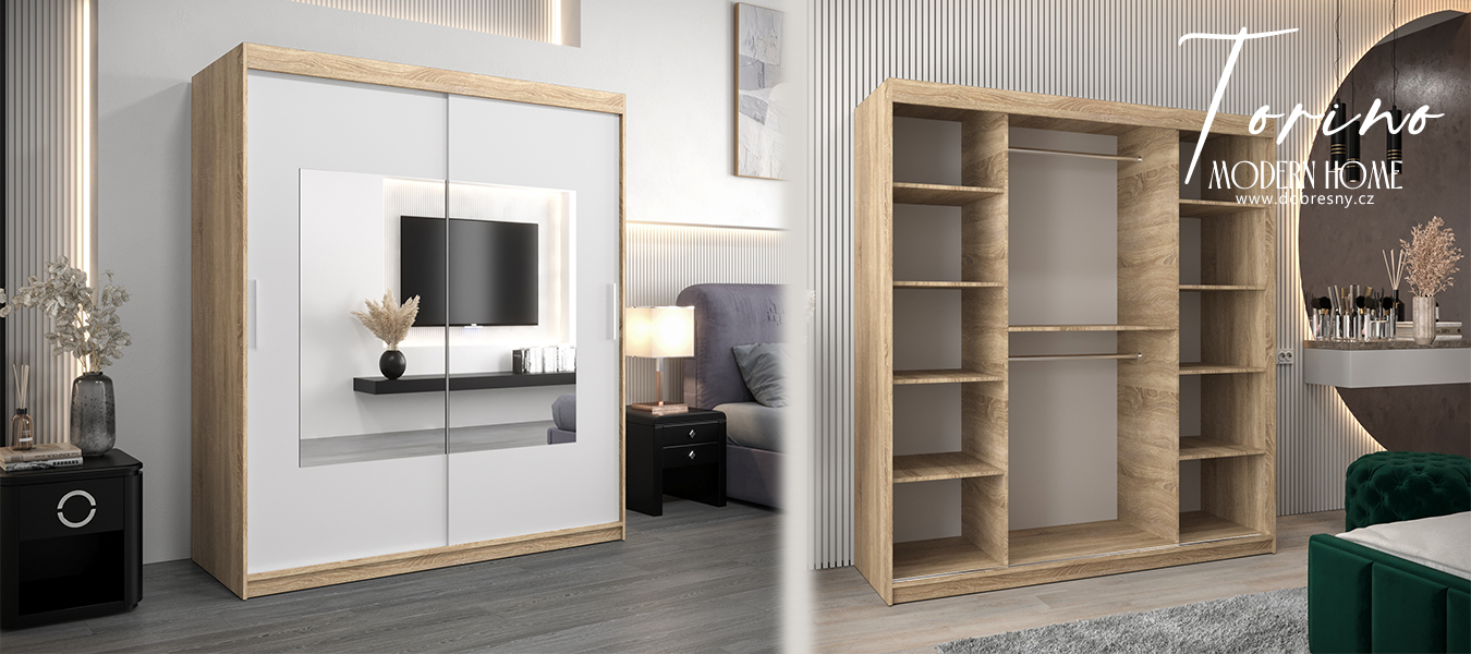 Šatní skřín s posuvnými dveřmi a zrcadlem TORINO 180cm sonoma / bílá