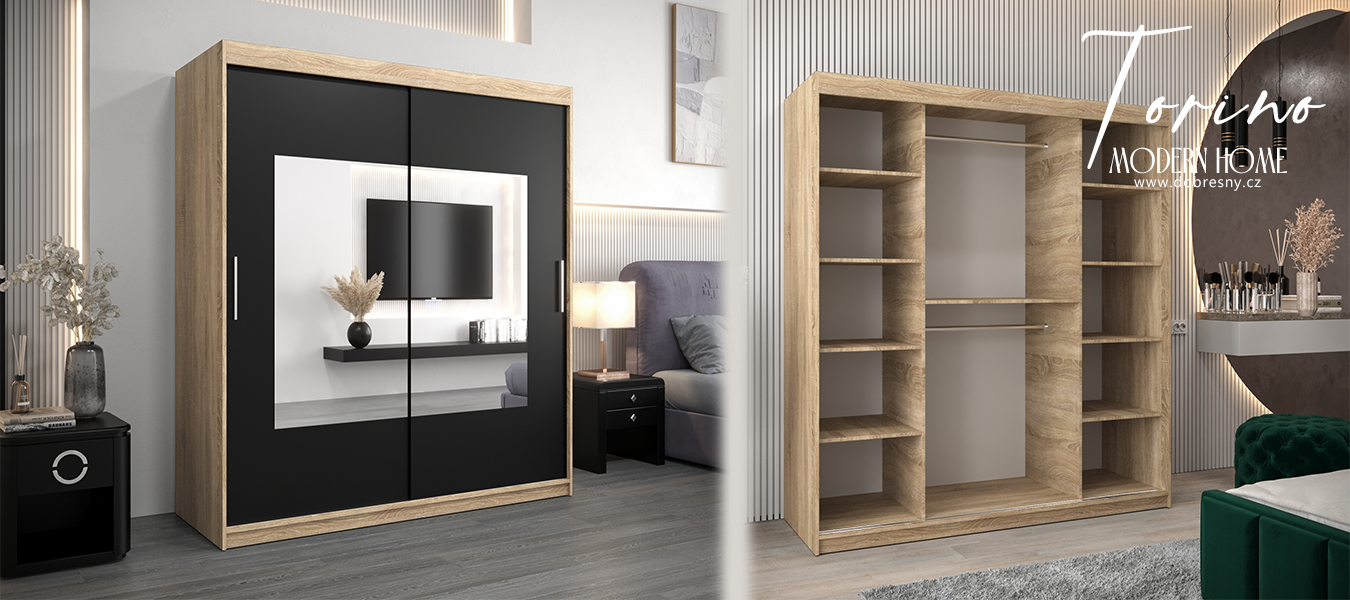 Šatní skřín s posuvnými dveřmi a zrcadlem TORINO 180cm sonoma / černá