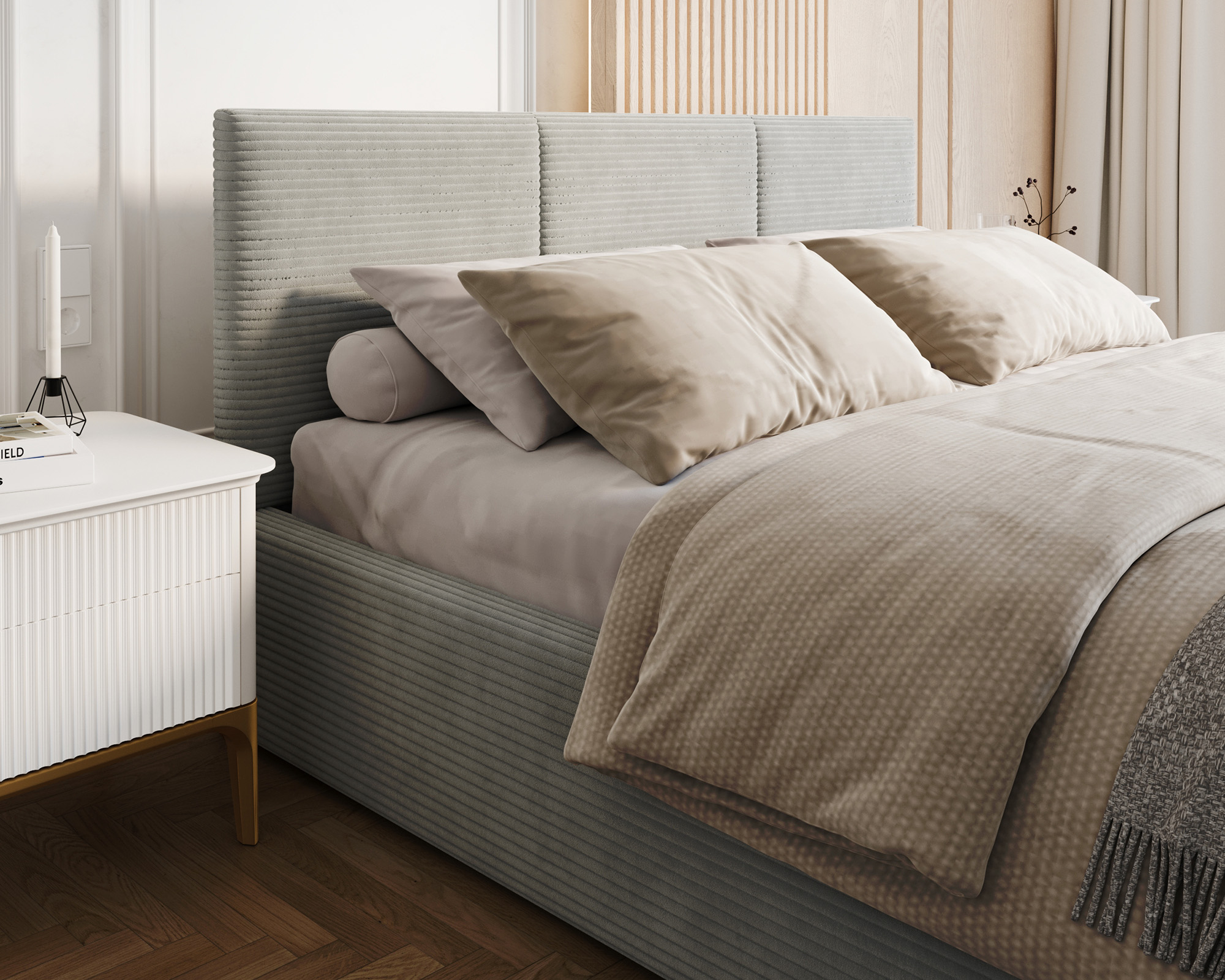 Čalouněná postel FRESIA 160x200 s kovovým zdvižným roštem ŠEDÁ SZTRUKS