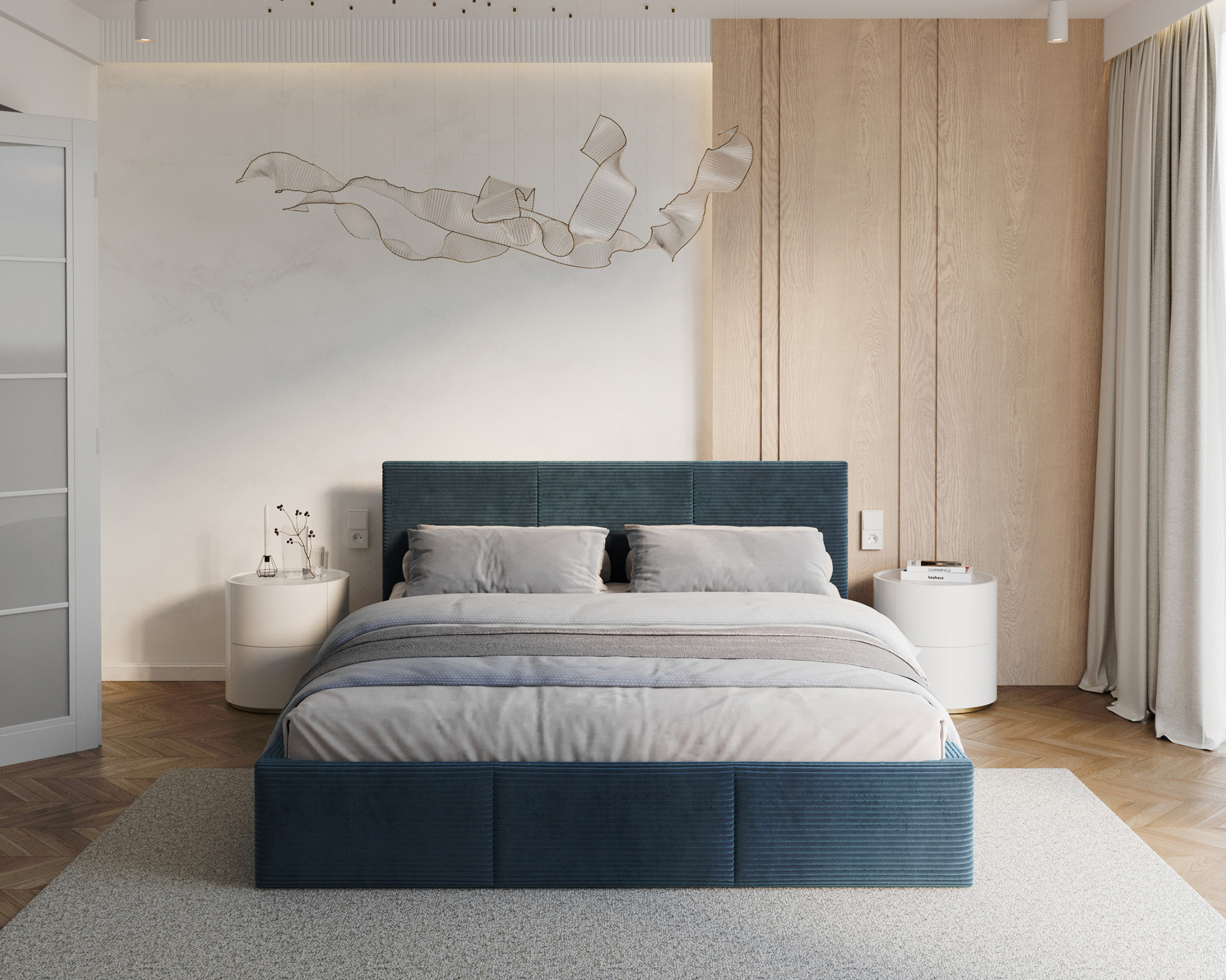 Čalouněná postel FRESIA 180x200 s kovovým zdvižným roštem MODRÁ SZTRUKS