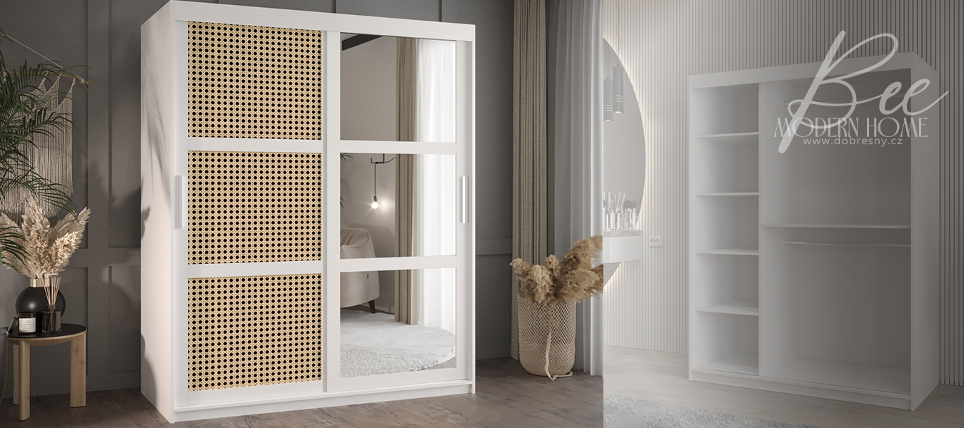 Šatní skřín s posuvnými dveřmi, zrcadlem a vzorem vídeňského výpletu - 150cm Bílá