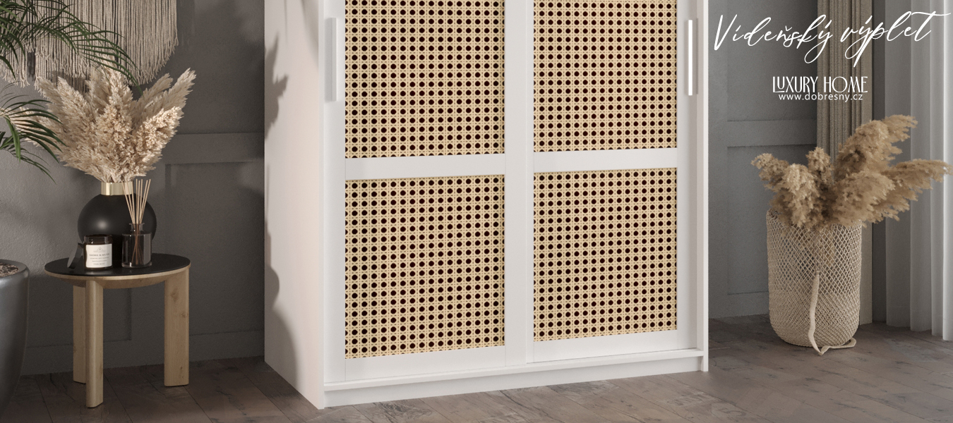Šatní skříň s posuvnými dveřmi s vídeňským výpletem – 120 cm, BÍLÁ