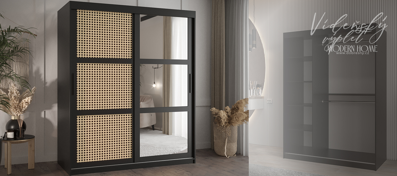 Šatní skřín s posuvnými dveřmi, zrcadlem a vzorem vídeňského výpletu - 150cm Černá