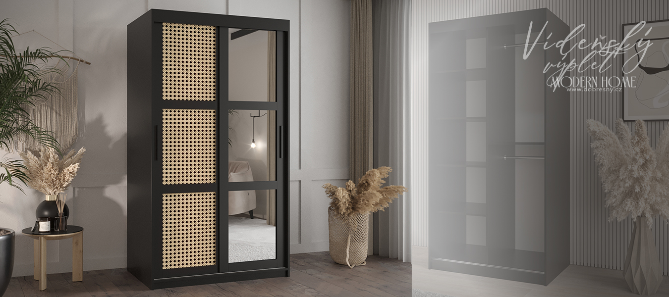 Šatní skřín s posuvnými dveřmi, zrcadlem a vzorem vídeňského výpletu - 100cm Černá