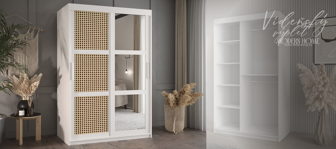 Šatní skřín s posuvnými dveřmi, zrcadlem a vzorem vídeňského výpletu - 120cm Bílá