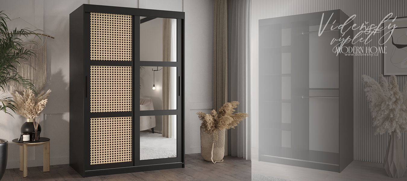 Šatní skřín s posuvnými dveřmi, zrcadlem a vzorem vídeňského výpletu - 120cm Černá