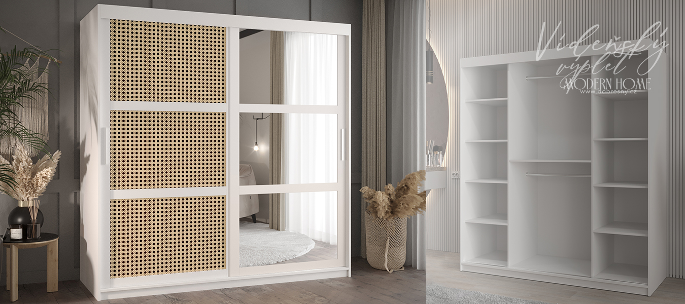 Šatní skřín s posuvnými dveřmi, zrcadlem a vzorem vídeňského výpletu - 180cm Bílá