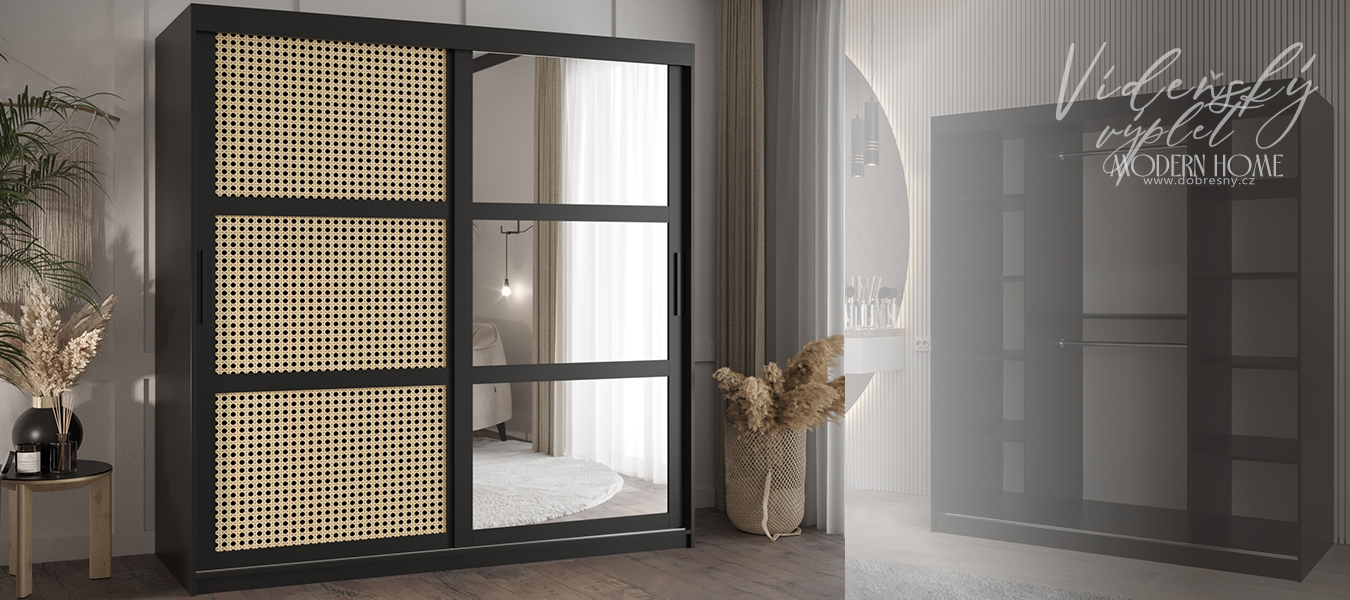 Šatní skřín s posuvnými dveřmi, zrcadlem a vzorem vídeňského výpletu - 180cm Černá