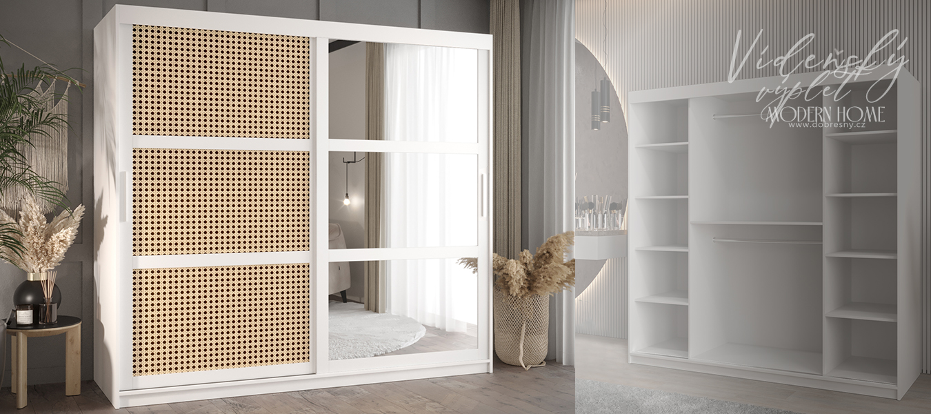 Šatní skřín s posuvnými dveřmi, zrcadlem a vzorem vídeňského výpletu - 200cm Bílá