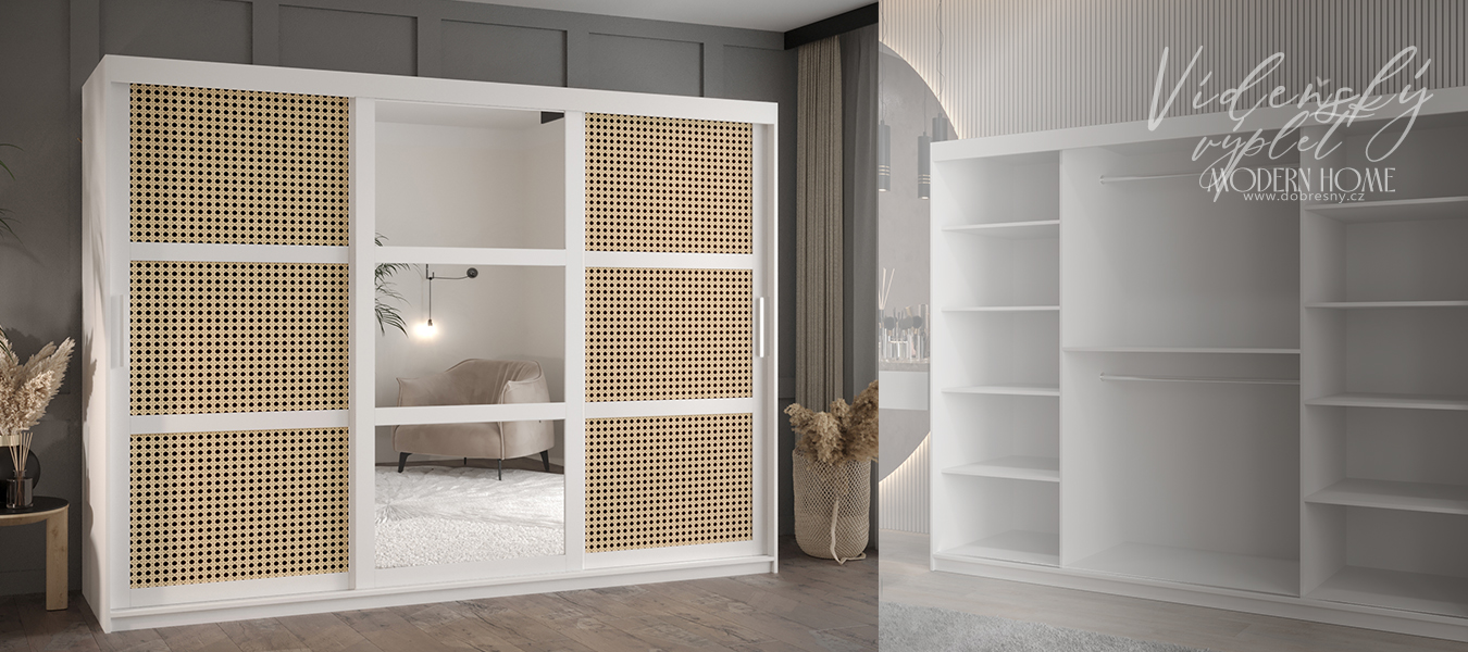 Šatní skřín s posuvnými dveřmi, zrcadlem a vzorem vídeňského výpletu - 250cm Bílá