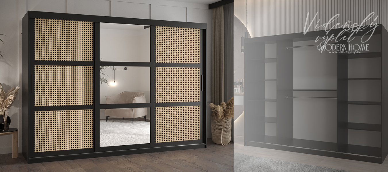 Šatní skřín s posuvnými dveřmi, zrcadlem a vzorem vídeňského výpletu - 250cm Černá