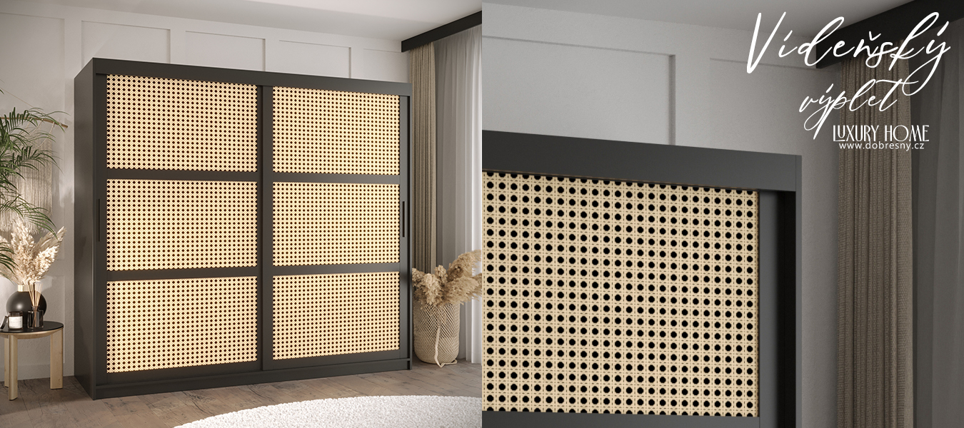 Šatní skříň s posuvnými dveřmi s vídeňským výpletem – 200 cm, ČERNÁ