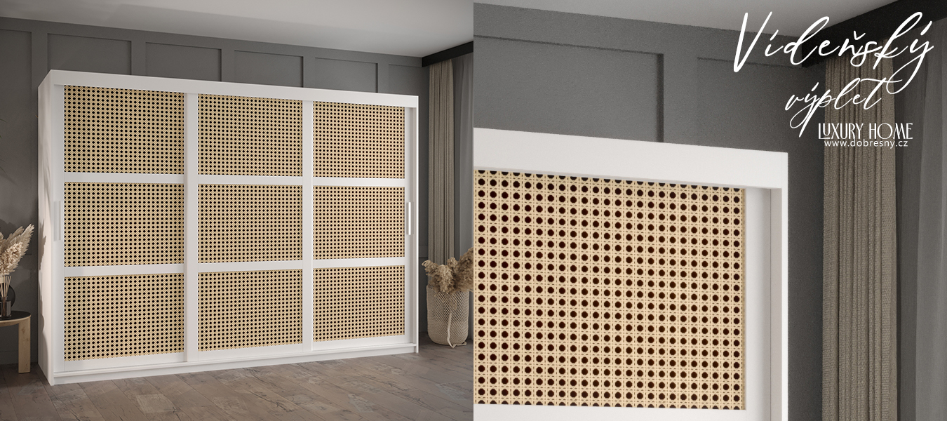 Šatní skříň s posuvnými dveřmi s vídeňským výpletem – 250 cm, BÍLÁ