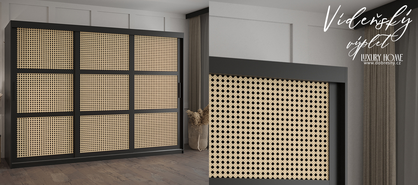 Šatní skříň s posuvnými dveřmi s vídeňským výpletem – 250 cm, ČERNÁ