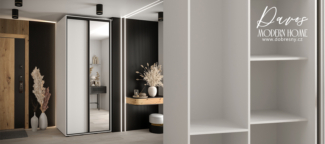 Šatní skříň s posuvnými dveřmi a zrcadlem DAVOS 100 cm | Bílá / černé pojezdy