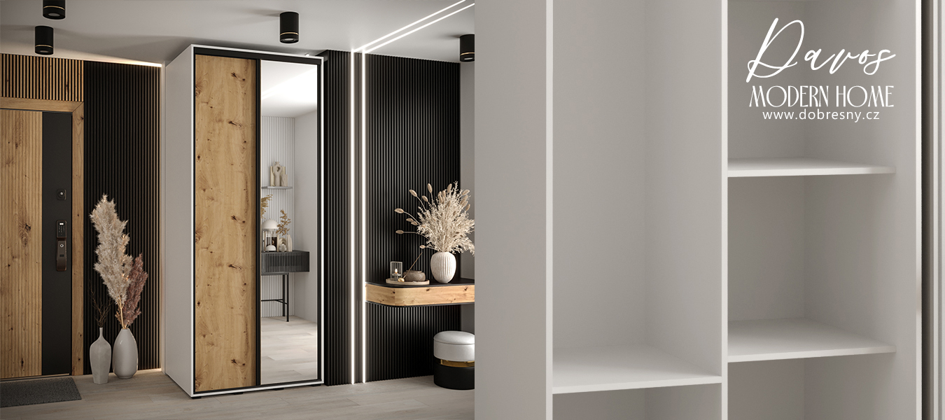Šatní skříň s posuvnými dveřmi a zrcadlem DAVOS 100cm | Bílá / DUB Artisan / černé pojezdy