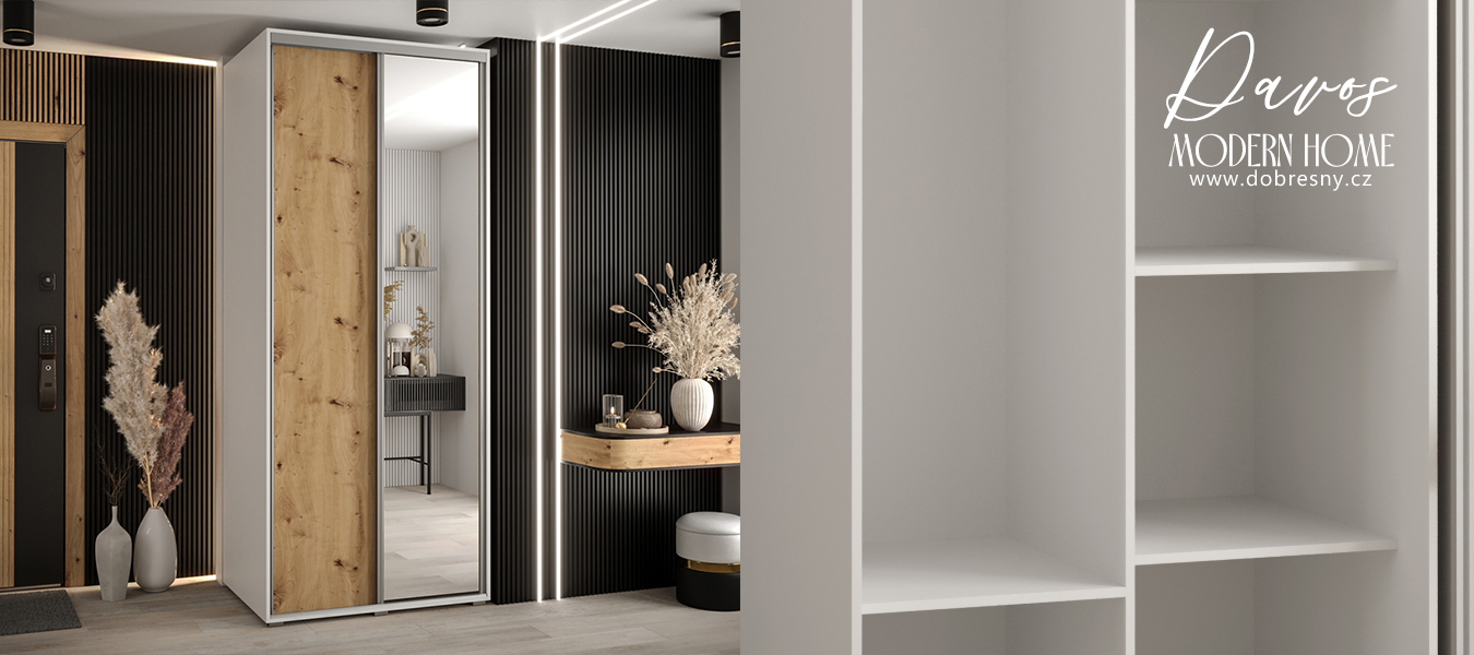 Šatní skříň s posuvnými dveřmi a zrcadlem DAVOS 100cm | Bílá / DUB Artisan / stříbrné