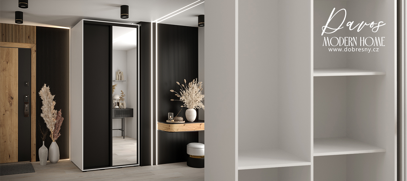 Šatní skříň s posuvnými dveřmi a zrcadlem DAVOS 100cm | Bílá / černá / černé pojezdy