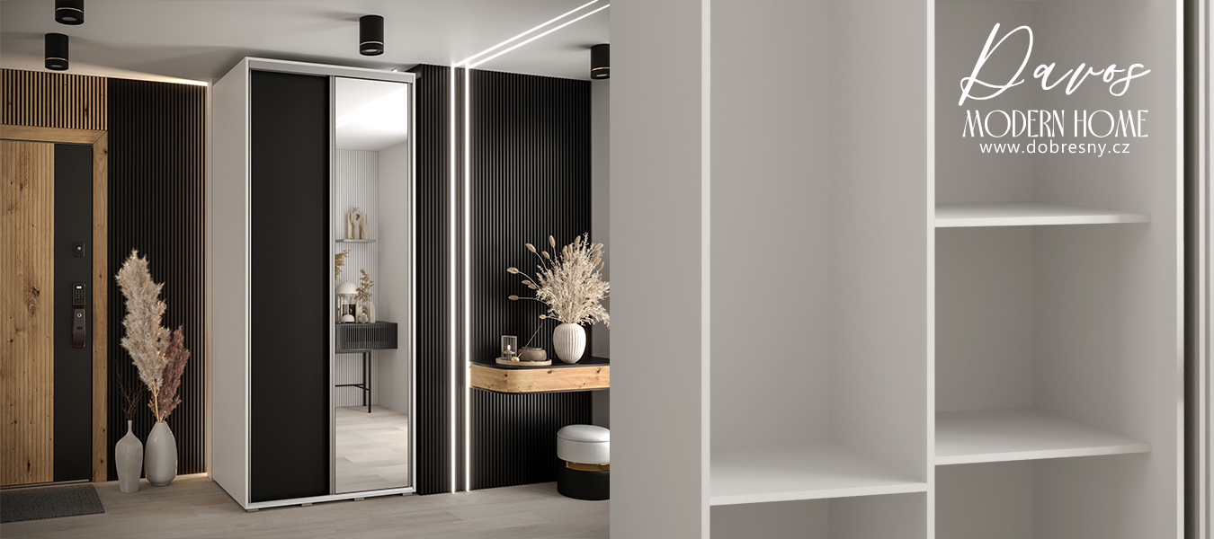 Šatní skříň s posuvnými dveřmi a zrcadlem DAVOS 100cm | Bílá / černá / stříbrné pojezdy