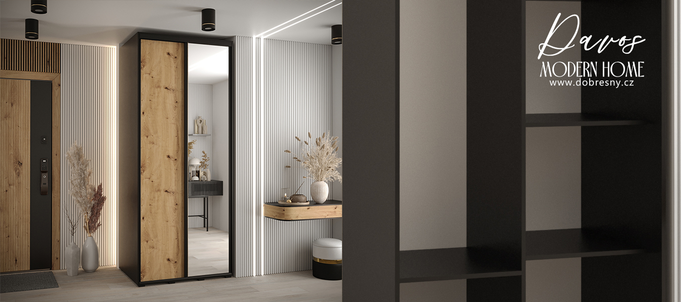 Šatní skříň s posuvnými dveřmi a zrcadlem DAVOS 100cm | Černá / DUB Artisan / černé pojezd