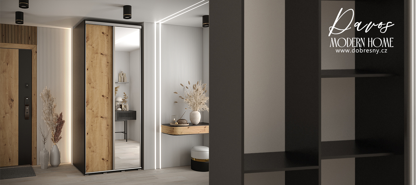 Šatní skříň s posuvnými dveřmi a zrcadlem DAVOS 100cm | Černá / DUB Artisan / stříbrné