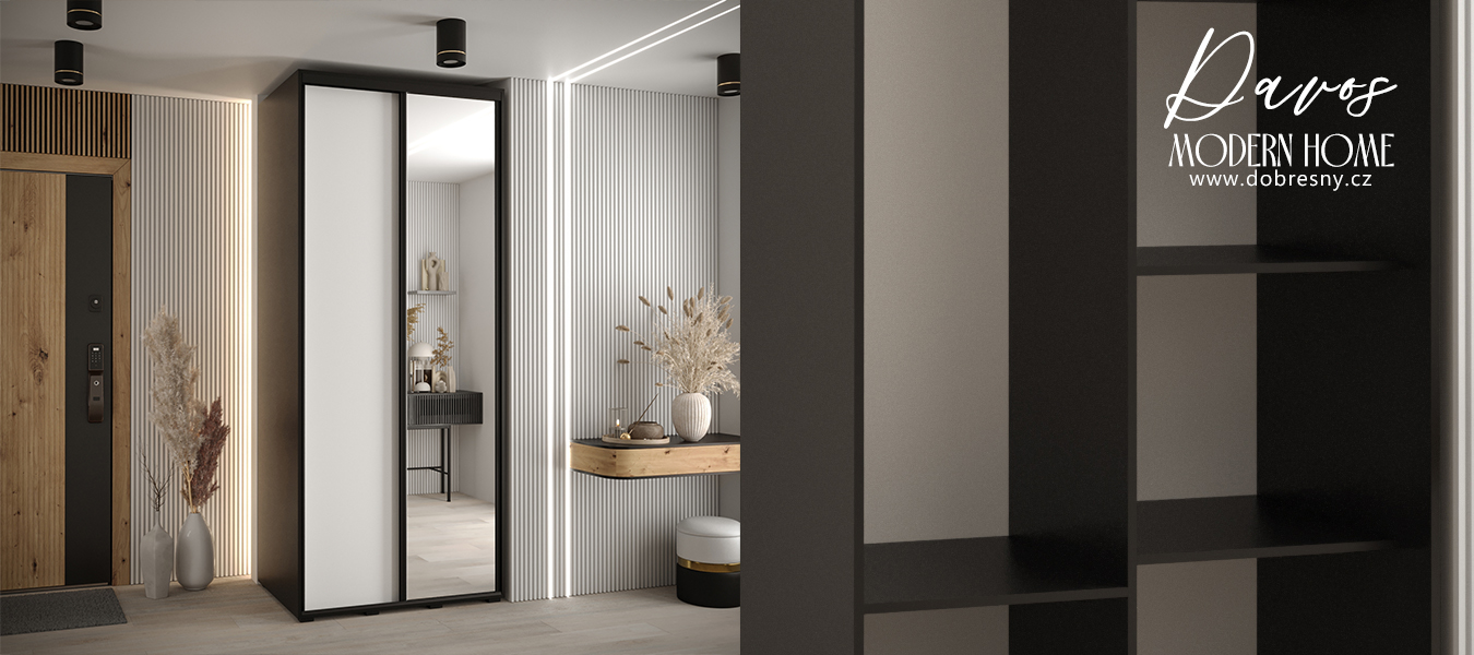 Šatní skříň s posuvnými dveřmi a zrcadlem DAVOS 100cm | Černá / bílá / černé pojezdy