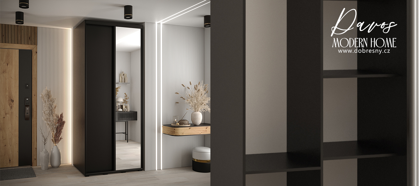 Šatní skříň s posuvnými dveřmi a zrcadlem DAVOS 100cm | Černá / černé pojezdy