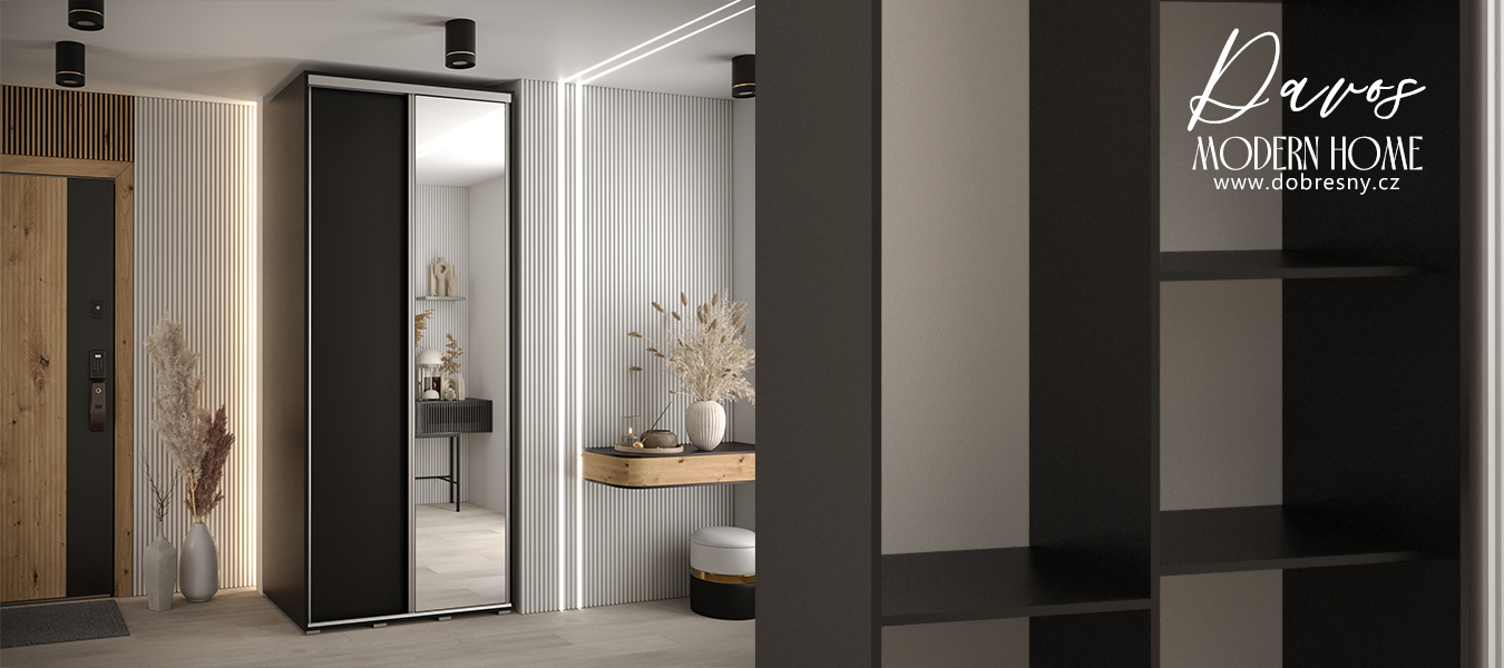 Šatní skříň s posuvnými dveřmi a zrcadlem DAVOS 100cm | Černá / stříbrné pojezdy
