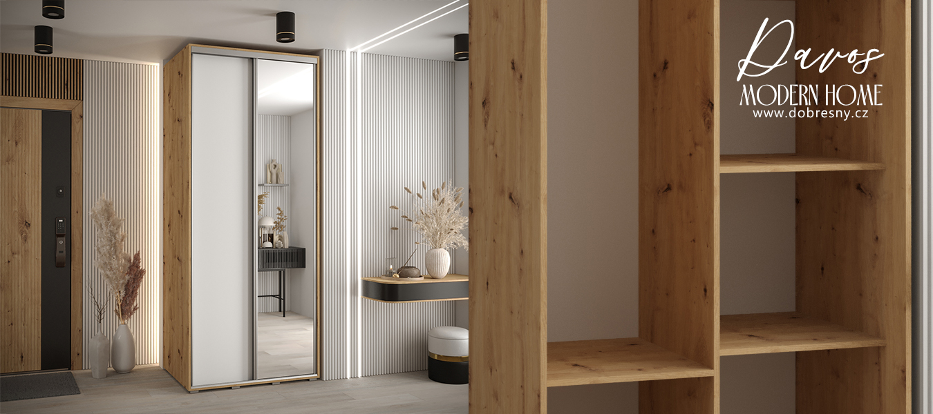 Šatní skříň s posuvnými dveřmi a zrcadlem DAVOS 100cm | DUB Artisan / bílá / stříbrné