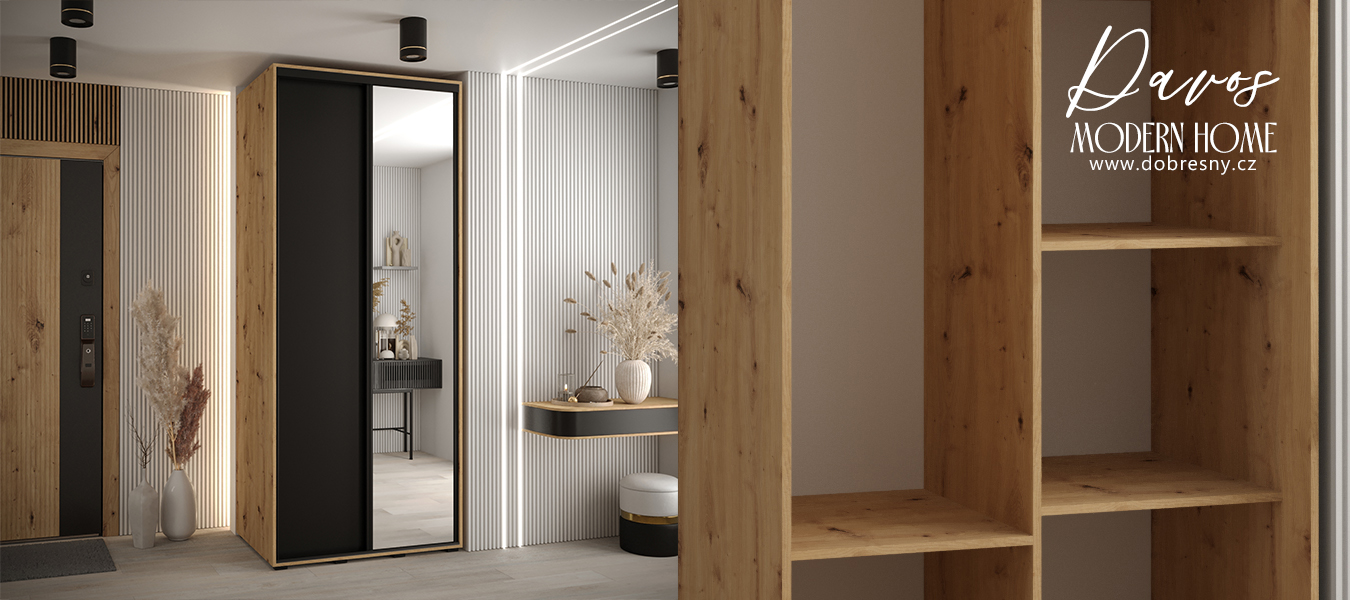 Šatní skříň s posuvnými dveřmi a zrcadlem DAVOS 100cm |DUB Artisan / černá / černé pojezdy
