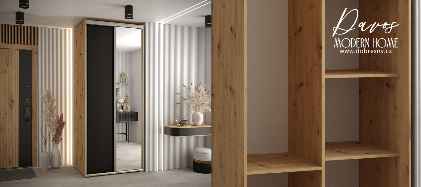 Šatní skříň s posuvnými dveřmi a zrcadlem DAVOS 100cm | DUB Artisan / černá / stříbrné