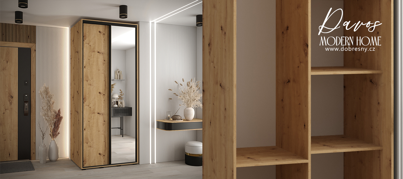 Šatní skříň s posuvnými dveřmi a zrcadlem DAVOS 100cm | DUB Artisan / černé pojezdy