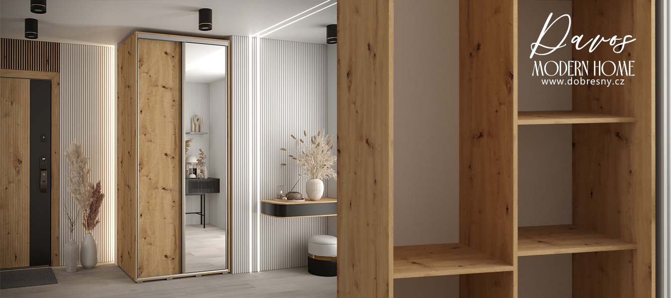 Šatní skříň s posuvnými dveřmi a zrcadlem DAVOS 100cm | DUB Artisan / stříbrné pojezdy